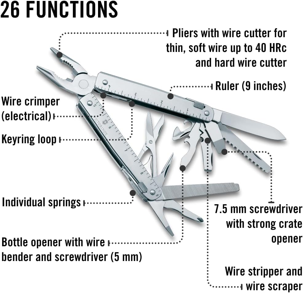 Victorinox Swiss Tool X Swiss Army Knife, 26 Function Swiss Made Multitool with Large Blade, Pliers and Wire Cutter - Silver with Leather Pouch