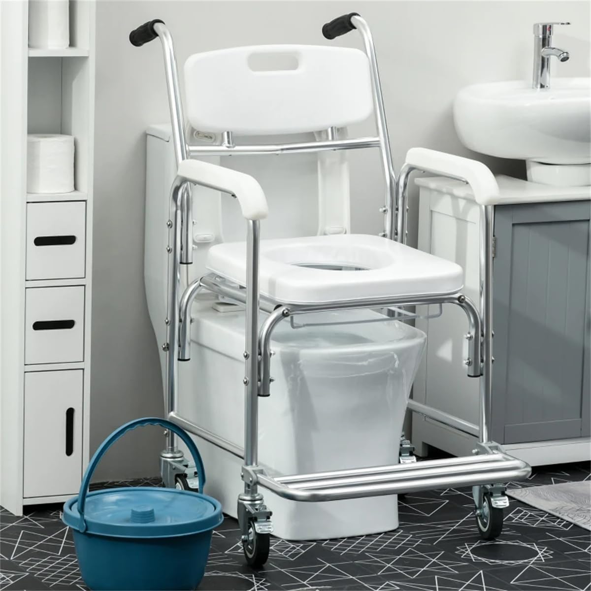 Heavy Duty Wheelchair Bedside Commode Chair Bath Shower Toilet Seat with Seat Patch Portable Medical Aid Mobility Multi-Function Elderly Handicapped People Pregnant Women Hospital Medical Chair