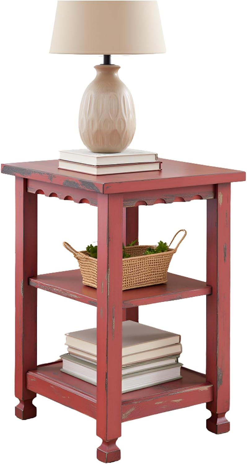 Alaterre Furniture Country Cottage Rustic Farmhouse Nightstand – 3-Tier Narrow End Table with Weathered Faded Finish, Carved Edges, & Turned Legs (Distressed Antique Red)