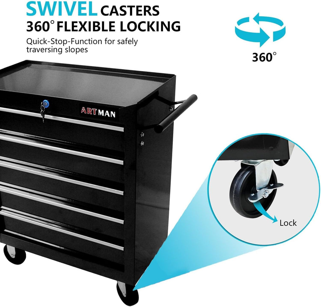5-Drawer Tool Cart on Wheels, Drawers Rolling Tool Chest with Key Lock, Mobile Trolley Organizer Tools Box with Locking Wheels & Ball Bearing Drawers for Garage,Repair Shop,Warehouse (Black)