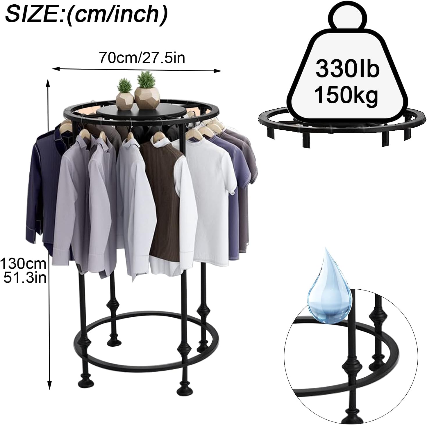 Round Garment Rack, Floor Standing Iron clothes Hanging Rack with Topper, Suitable for Large Shopping Malls Retail, Clothes Boutique Display Laundry Rooms Multi-Purpose Hanging (BLACK)