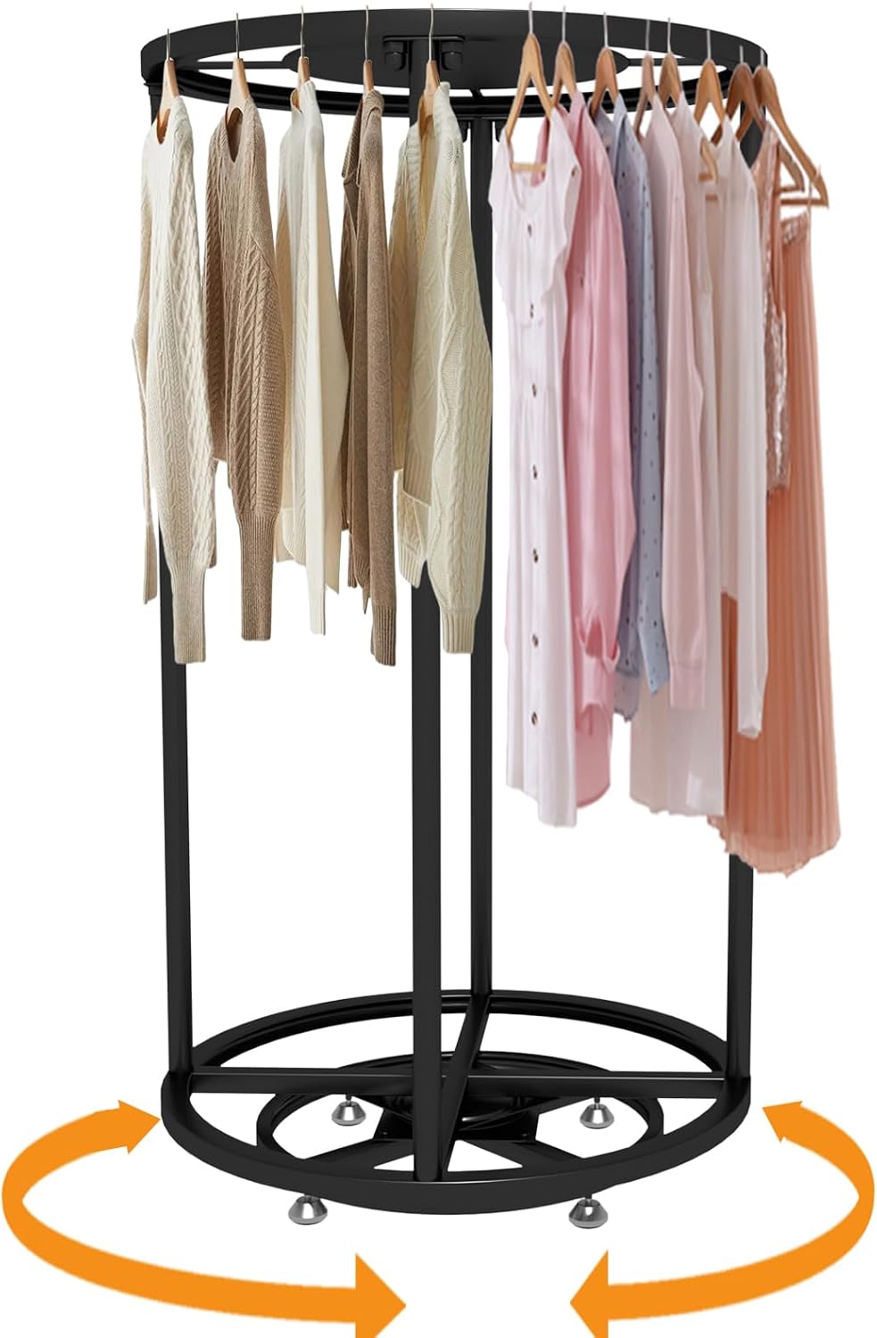 Rotatable Round Garment Display Rack, Floor-Standing Double Space Multi-Purpose Metal Shelf for Clothes Storage, Commercial Clothing Organizer in Retail Boutiques (Black, 27.6'x 51.2')