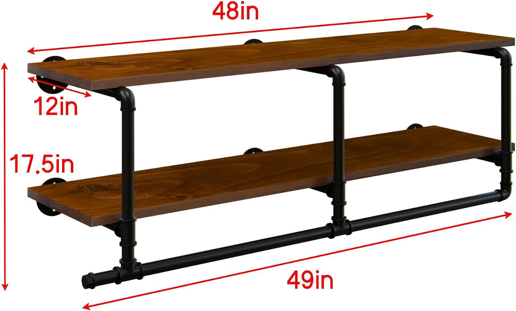 Wall Mounted Clothes Rack 12 Inch Deep, 42 Inch Heavy Duty Garment Rack with Real Walnut Wood Shelf, Multi-Purpose Hanging Rod & Space-Saving Closet Storage Organizer