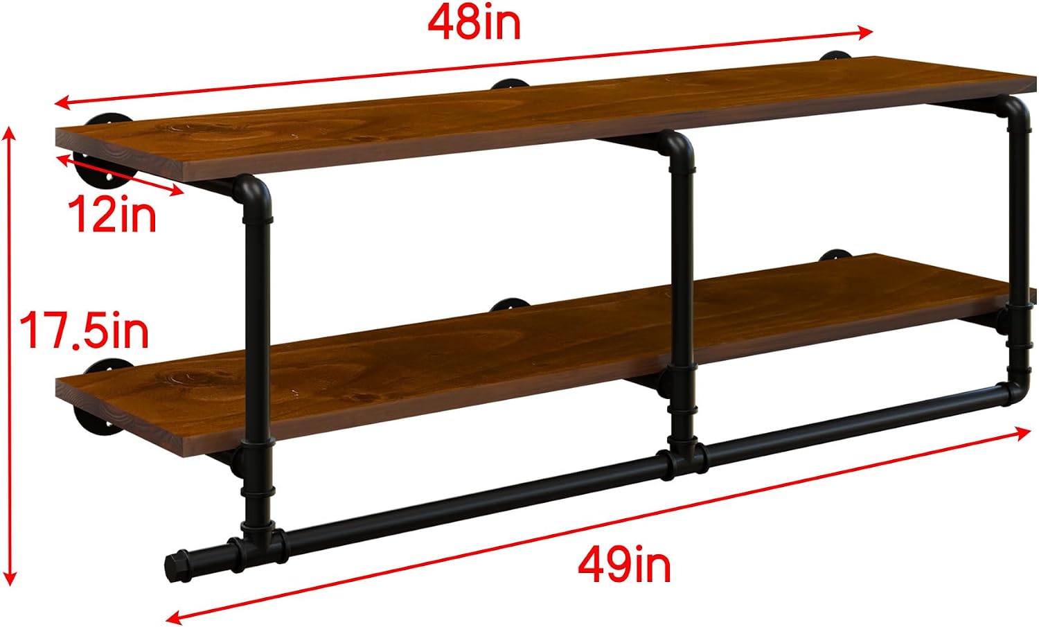 Wall Mounted Clothes Rack 12 Inch Deep, 42 Inch Heavy Duty Garment Rack with Real Walnut Wood Shelf, Multi-Purpose Hanging Rod & Space-Saving Closet Storage Organizer