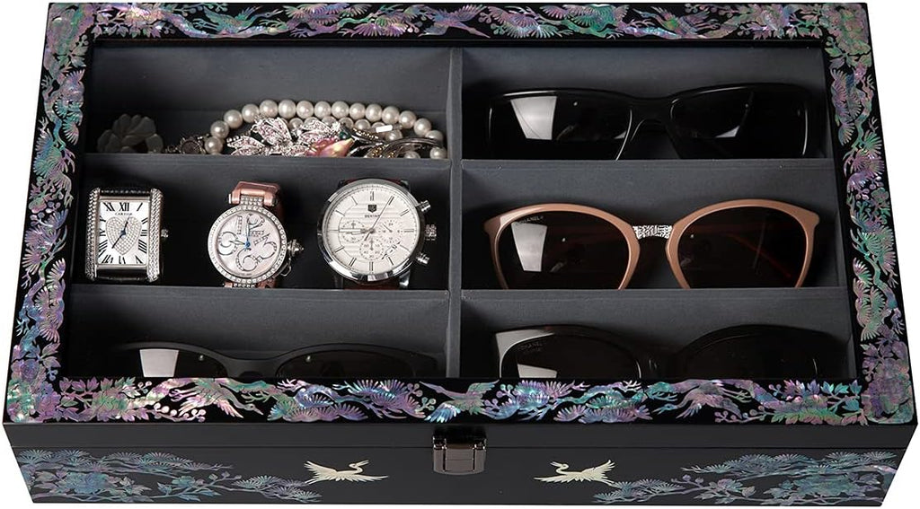 Antique Alive Mother of Pearl Wood Sunglasses Box Eyeglasses Valet Display Storage Case for Glasses, Watches, Jewelry, Trinkets Wooden Accessory Organizer Gift (Crane & Pine Glass Black)