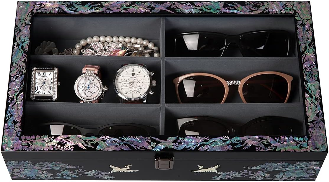 Antique Alive Mother of Pearl Wood Sunglasses Box Eyeglasses Valet Display Storage Case for Glasses, Watches, Jewelry, Trinkets Wooden Accessory Organizer Gift (Crane & Pine Glass Black)