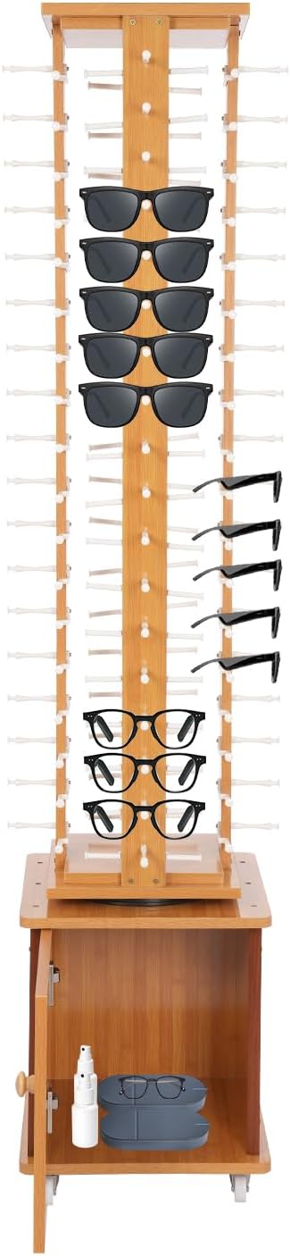 72 Pairs Glasses Sunglasses Display Stand, 360° Rotating Glasses Storage Display Rack with Cabinet, Floor Sunglasses Display Rack with Wheels, 66.14in Height with Wheels (Light Log Color)