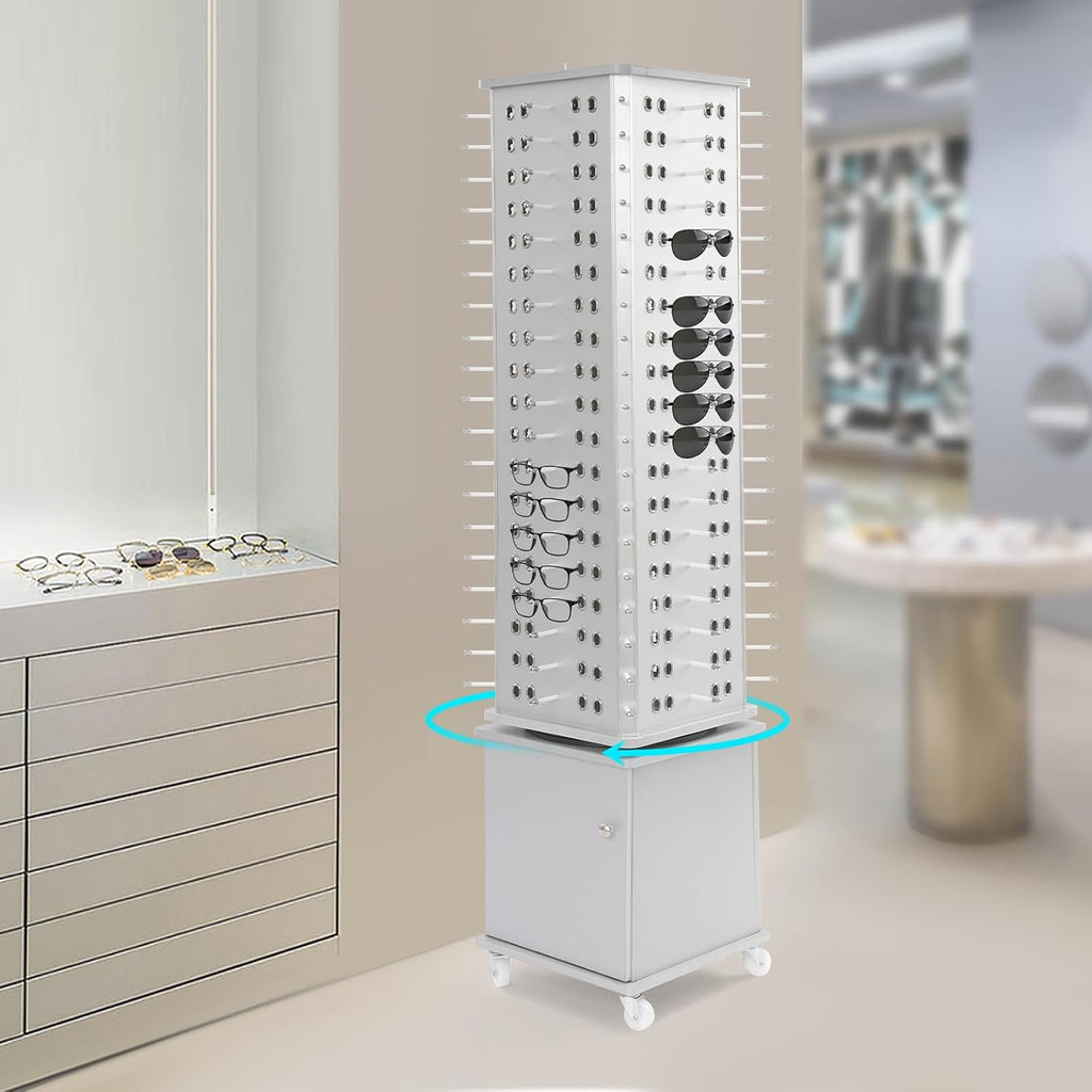 Undercat 152 Pairs Glasses Rack, 360° Rotating Sunglasses Display Rack, Floor-standing Eyeglasses Storage Organizer, Eyewear Holder, Sunglasses Display Stand with Storage Cabinet & Wheels