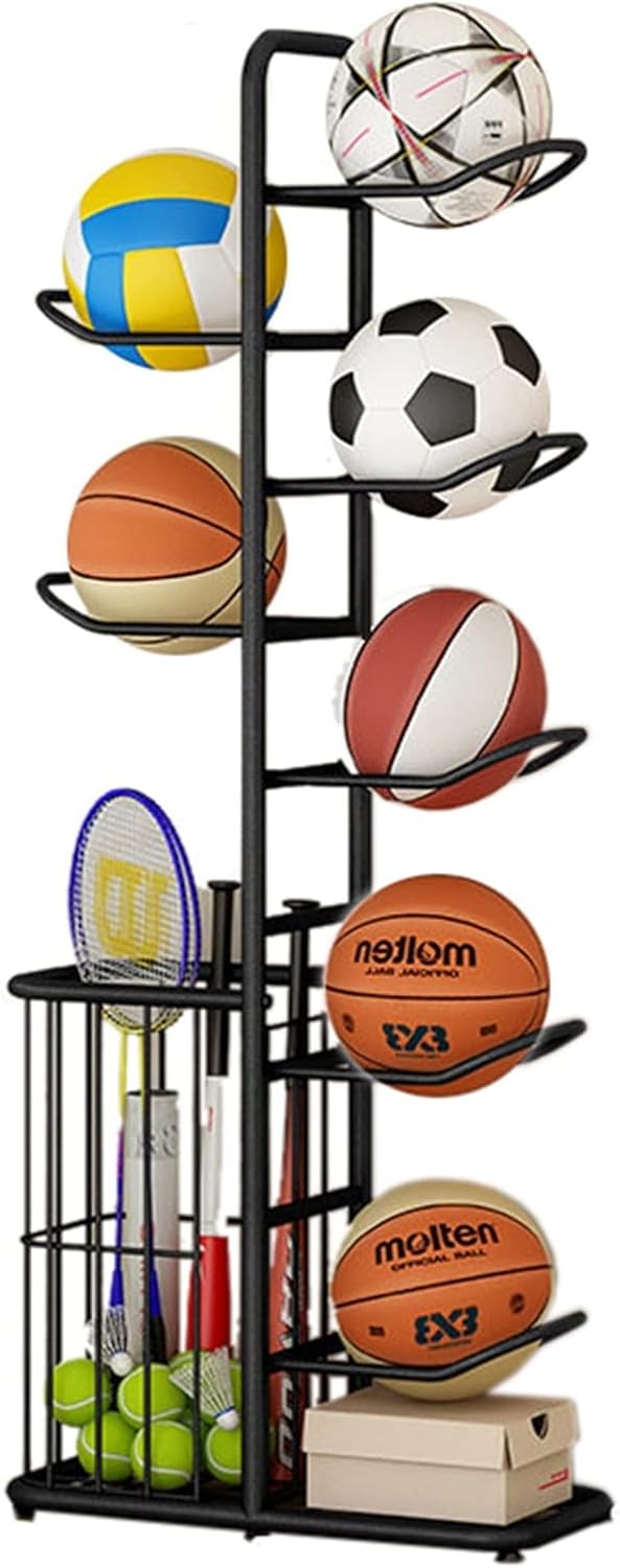 Basketball Ball Storage Rack Ball Storage Display Rack Floor Stand, Vertical Standing Metal Sport Ball Organizer Holder, Basketball Football Volleyball Storage Display