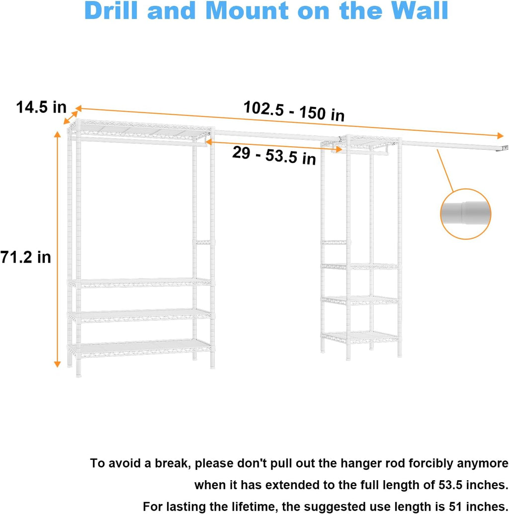 Ulif E11 Heavy-Duty Garment Rack, Metal Freestanding Clothes Rack and Closet Storage Organizer with 8 Shelves and 4 Hanger Rods, (73.2-97.6)' W x 14.5' D x 71.2' H, Load 1034 LBS, White