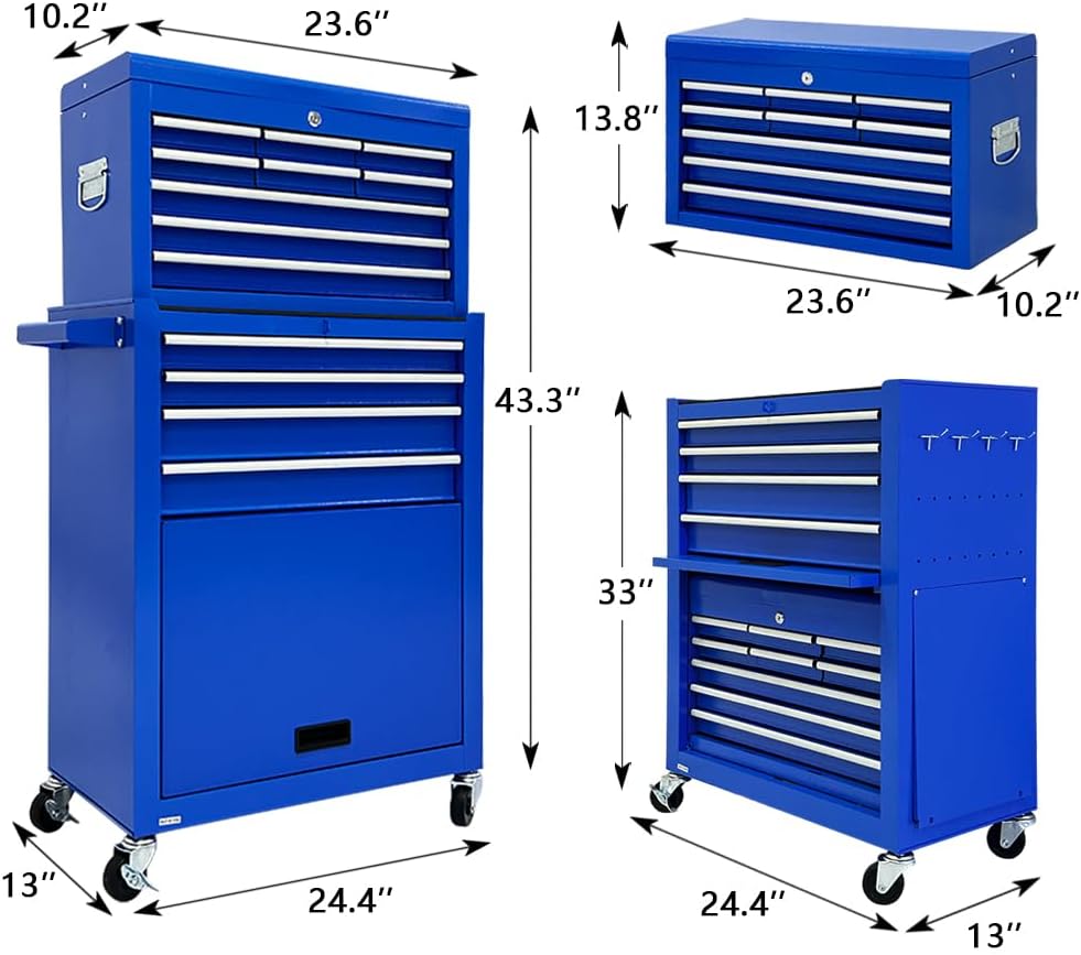 13-Drawer Tool Chest with Tool box and wheels, Large Detachable Toolbox with Sliding Drawers, Mechanic Storage Cabinets, Metal Tool Cart for Garage Workshop (Blue)