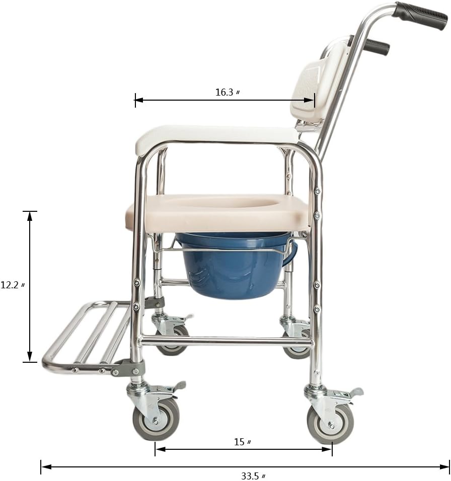 Multifunctional Transport Wheelchair, Aluminum Bathroom Shower Chair,Pregnant Women Commode Chair Bath Chair,Bedside Toilet Seat, for Handicap, Seniors and Pregnant Women,White