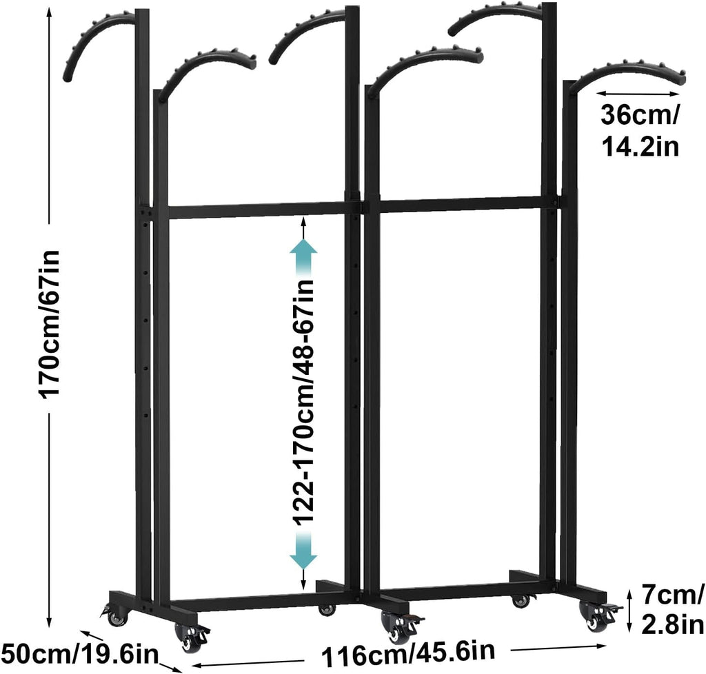 Floor Standing Metal Garment Rack, 6 Arms Clothing Display Rack with Wheels, Heavy Duty 48'' to 67'' Adjustable Height Rolling Retail Clothes Shirt for Hanging Clothes, Black