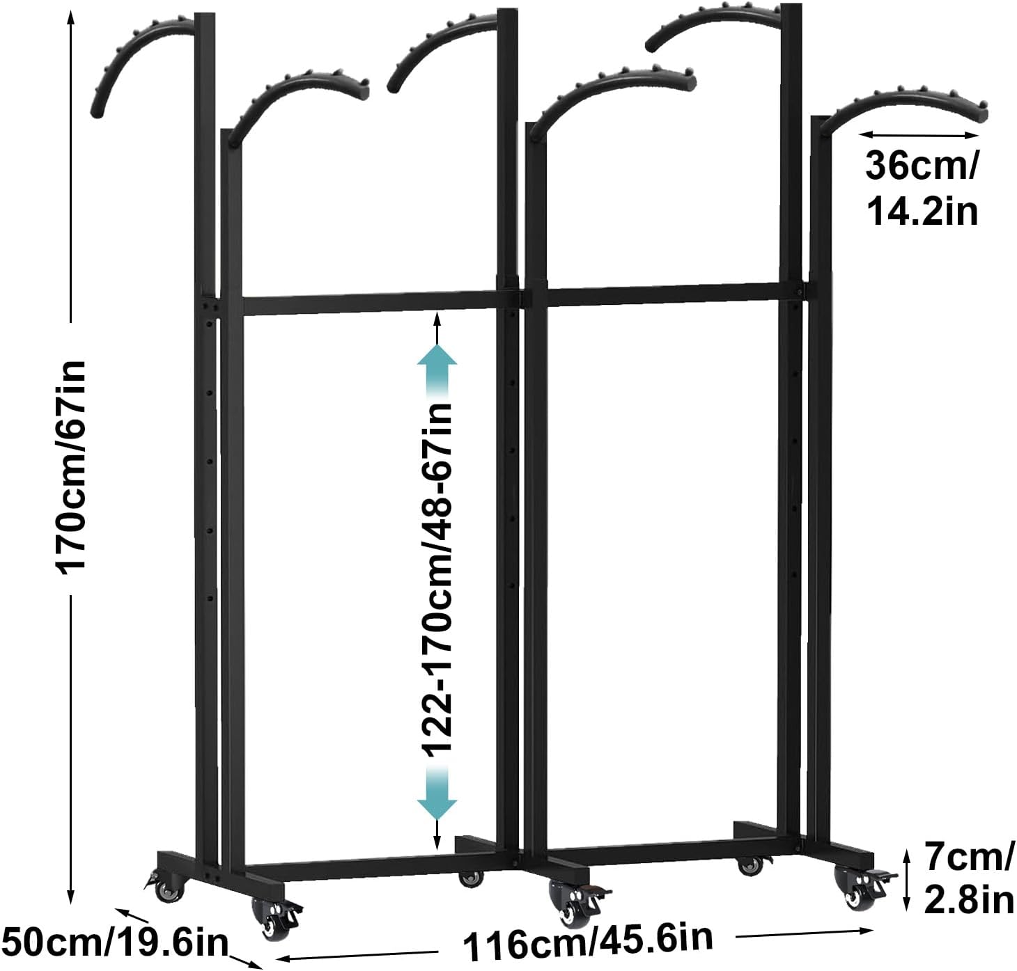 Floor Standing Metal Garment Rack, 6 Arms Clothing Display Rack with Wheels, Heavy Duty 48'' to 67'' Adjustable Height Rolling Retail Clothes Shirt for Hanging Clothes, Black