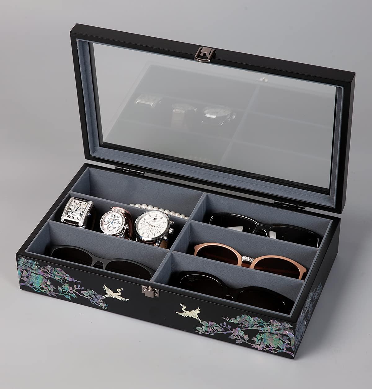 Antique Alive Mother of Pearl Wood Sunglasses Box Eyeglasses Valet Display Storage Case for Glasses, Watches, Jewelry, Trinkets Wooden Accessory Organizer Gift (Crane & Pine Glass Black)