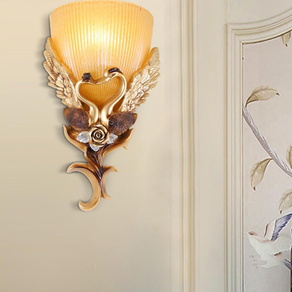 European Wall Sconces Antique Gold Light Fixtures Vintage Wall Lights Creative Resin Peacock Shape Design Frosted Glass Lamp Shade Indoor Deco Wall Lighting for Living Room Hallway