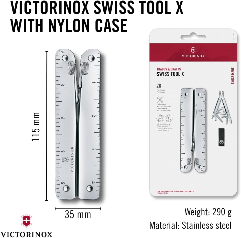 Victorinox Swiss Tool Swiss Army Knife, 24 Function Swiss Made Multi-Tool with Needle-Nose Pliers, Wire Cutters and Large Blade - Silver