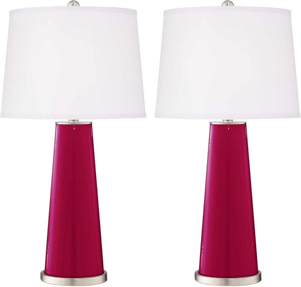 Color + Plus Leo Modern Table Lamps 29 1/2' Tall Set of 2 French Burgundy Glass Tapered Column Plain White Drum Shade for Bedroom Living Room House Home Bedside Nightstand Office Entryway