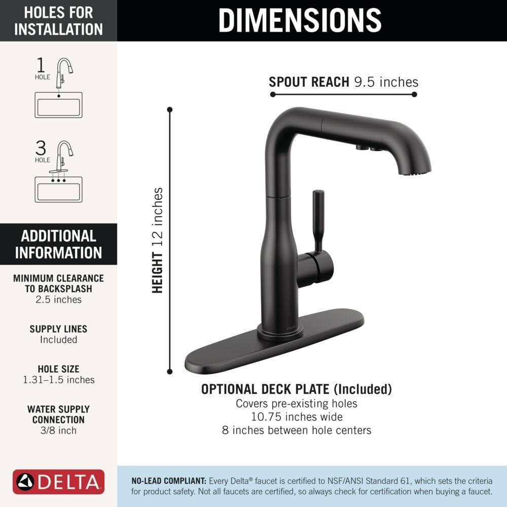 Delta Almari Matte Black Kitchen Faucet with Pull-Out Sprayer, Modern Single Hole Kitchen Sink Faucet, Single Handle, Matte Black 16943-BL-DST