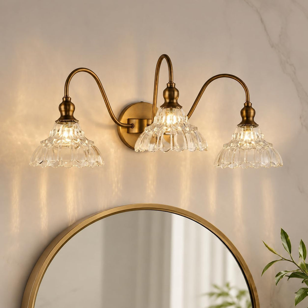 3-Light Bathroom Vanity Light Vintage Brass Wall Sconce with Clear Ribbed Glass Shades Farmhouse Bathroom Light Fixture Over Mirror G9 Base Wall Mount Lighting for Bathroom Hallway Bedroom