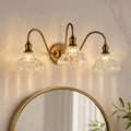 3-Light Bathroom Vanity Light Vintage Brass Wall Sconce with Clear Ribbed Glass Shades Farmhouse Bathroom Light Fixture Over Mirror G9 Base Wall Mount Lighting for Bathroom Hallway Bedroom