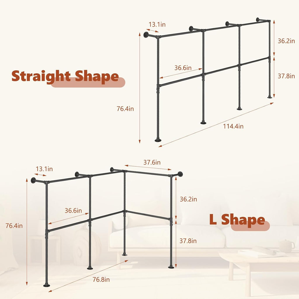 KELIXU 114.4' Industrial Pipe Clothing Rack for Wall Adjustable Height Wall Mounted Clothes Rack for Hanging Clothes, Heavy Duty Walk in Closet Systems, Garment Racks with Double Rods (Three, Black)