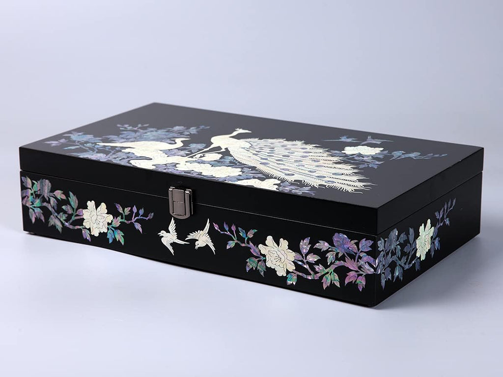 Antique Alive Mother of Pearl Wood Sunglasses Box Eyeglasses Valet Display Storage Case for Glasses Jewelry Trinkets Accessory Organizer (Peacock Black)