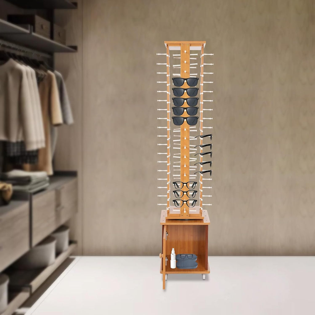 Rotating Glasse Display Stand,72 Pairs Floor-Standing Sunglasses Display Rack w/4 Swivel Wheels,Rotating Eyewear Holder Sunglasses Organizer (Light Brown)