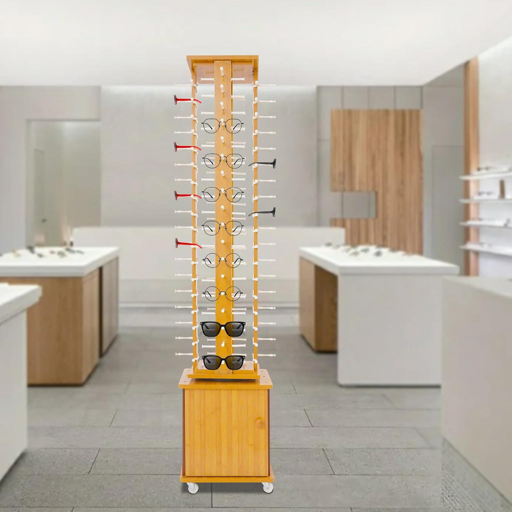 Retail Eyeglass Displays & Racks,Rotating Glasses Display Stand Holds up to 72 Pairs, Floor Standing Wood Eyewear Hanging Rack, Commercial Sunglasses Storage Organizer