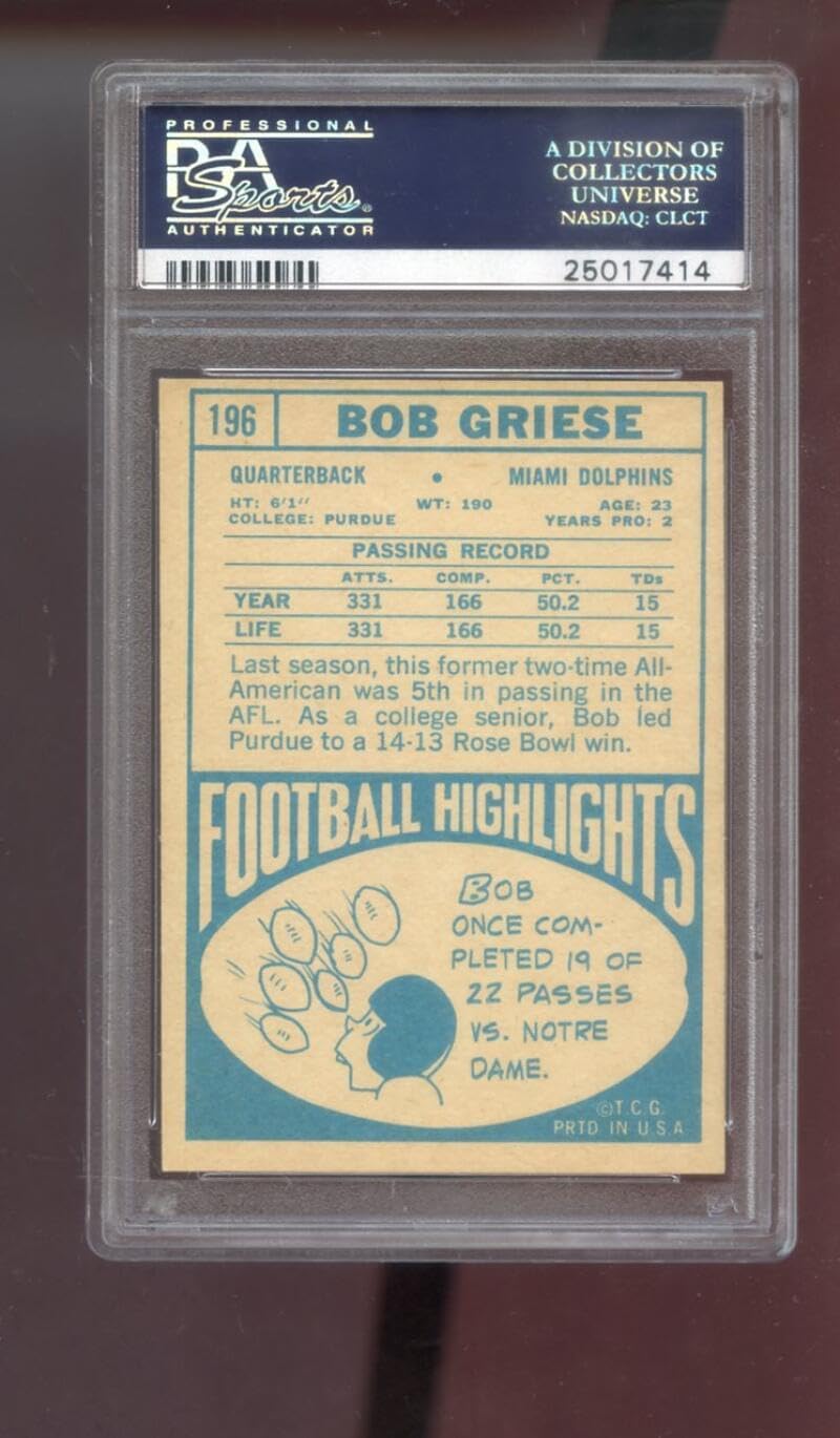 1968 Topps #196 Bob Griese ROOKIE RC PSA A Graded Football Card Miami Dolphins