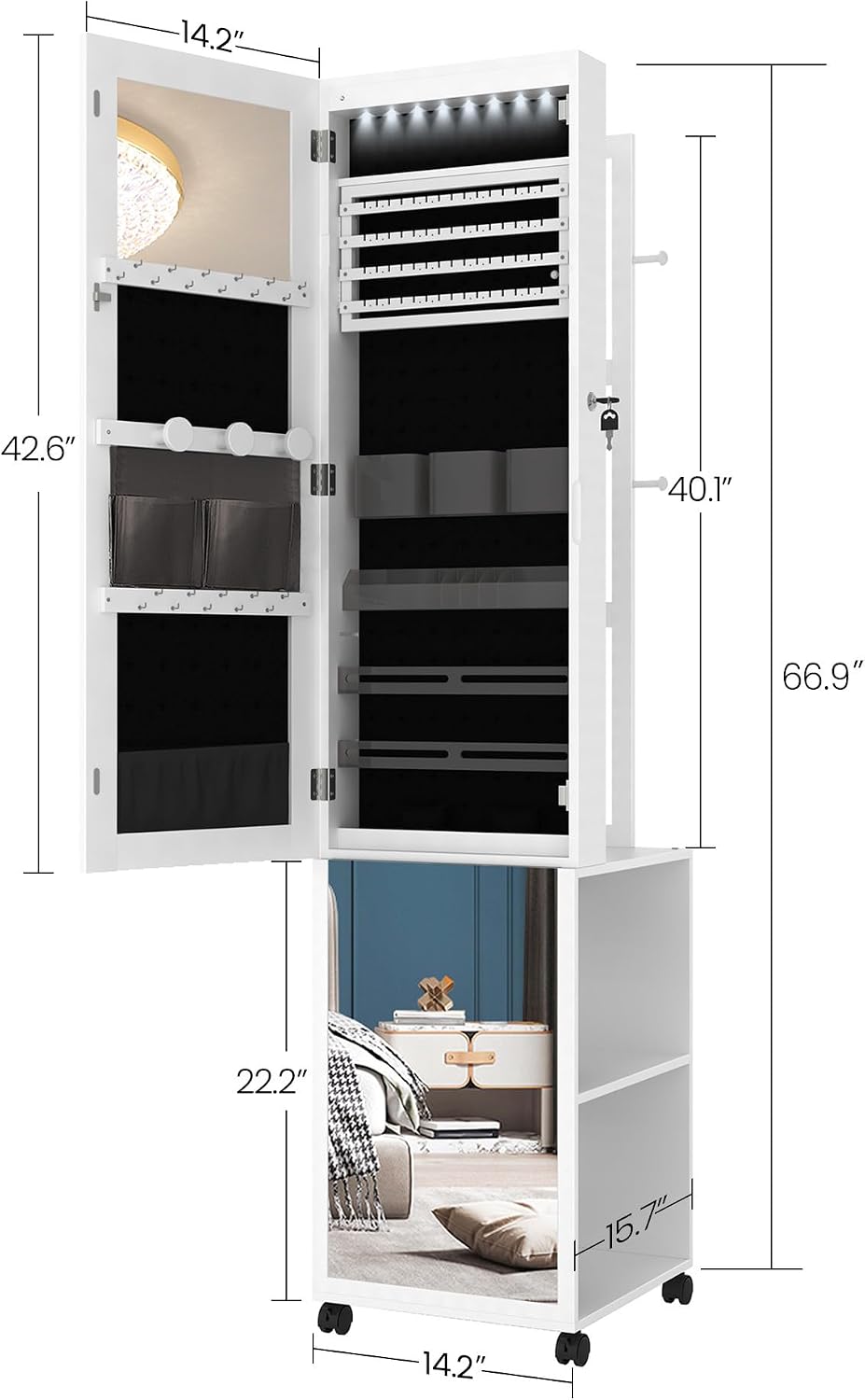 Hzuaneri 8 LEDs Jewelry Cabinet Armoire, 66.9-inch Jewelry Organizer with Garment Rack, Lockable Full-length Mirror with 4 Wheels, Storage Shelves with Hooks, 5-in-1, White and Beige JC17003B