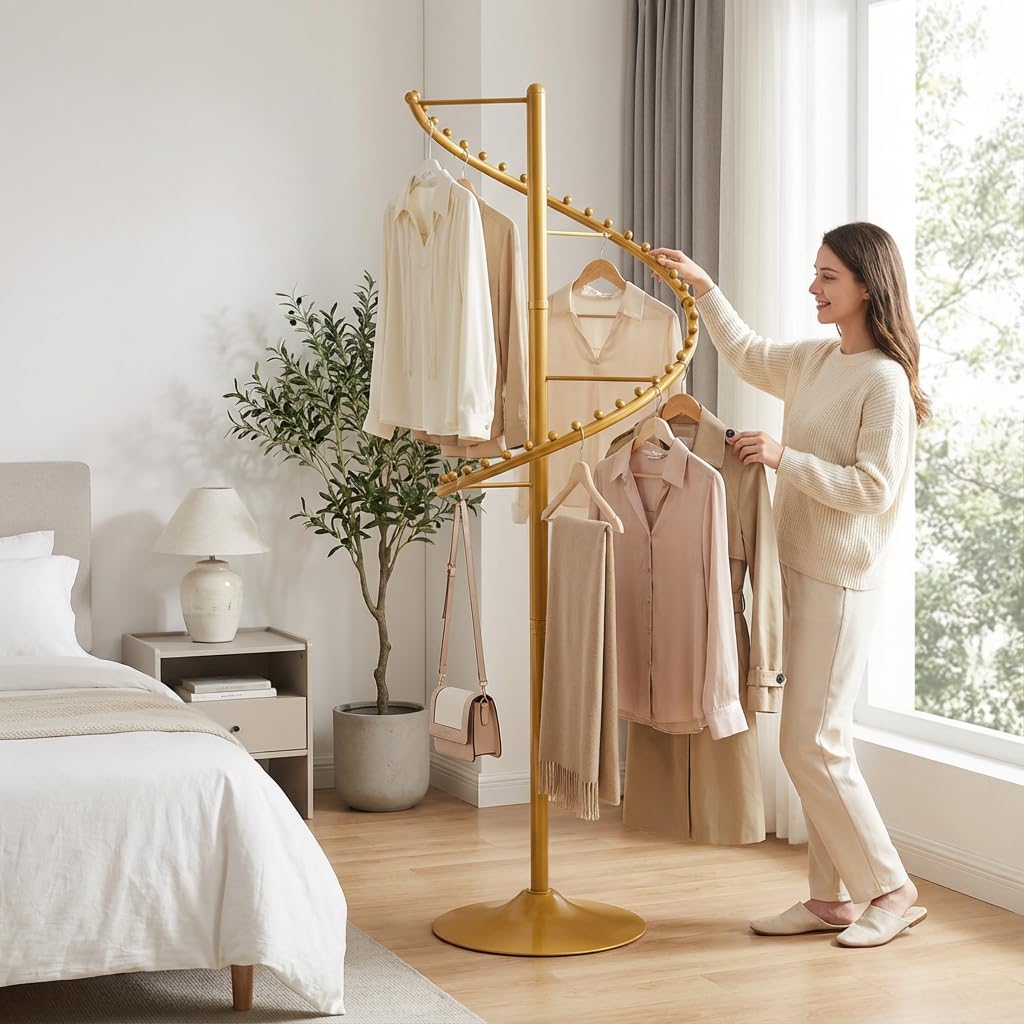 Spiral Rotating Clothing Rack, 5.91ft H 38-Ball Heavy Duty Garment Rack, Space Saving Standing Metal Sturdy Freestanding Hanger for Boutique Bedroom (Gold)