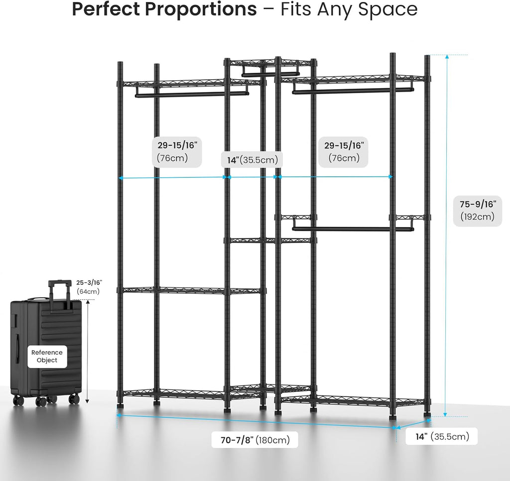 Garment Rack Heavy Duty Clothes Rack Adjustable Freestanding Metal Portable Wardrobe Closet Rack with Shelves for Hanging Clothes - 72' L x 14' W x 75' H, Black