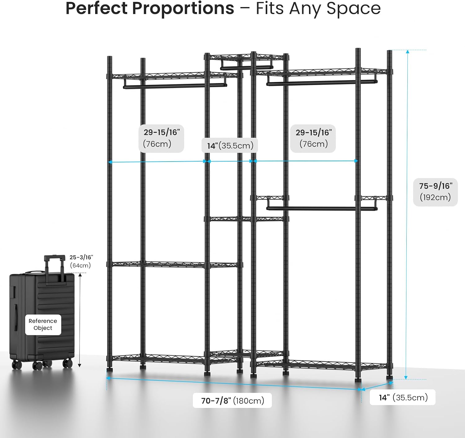 Garment Rack Heavy Duty Clothes Rack Adjustable Freestanding Metal Portable Wardrobe Closet Rack with Shelves for Hanging Clothes - 72' L x 14' W x 75' H, Black