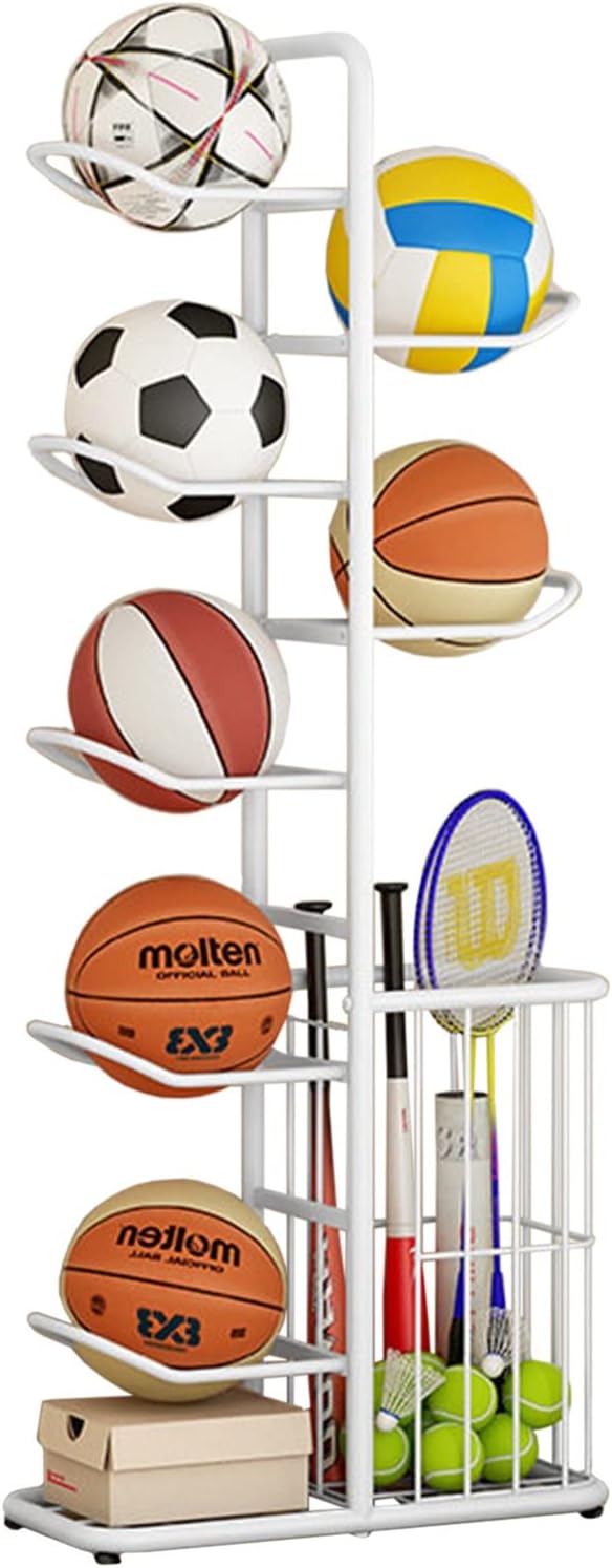 Ball Storage Holder Extra Tall Basketball Storage Rack with Baskets, Vertical Iron Sports Rack Organizer for Indoor Home Garage, Holds 7 Balls