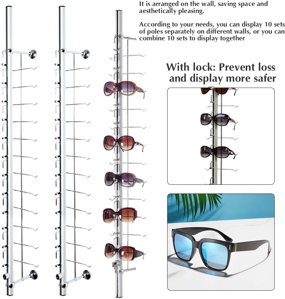 Eyewear Display Sunglass Display Stand Store Retail Display Glasses Holder Stand Sunglasses Display Stand Sunglasses Sunglasses Rack (Wall Riser Display 120 Pairs(With Lock))