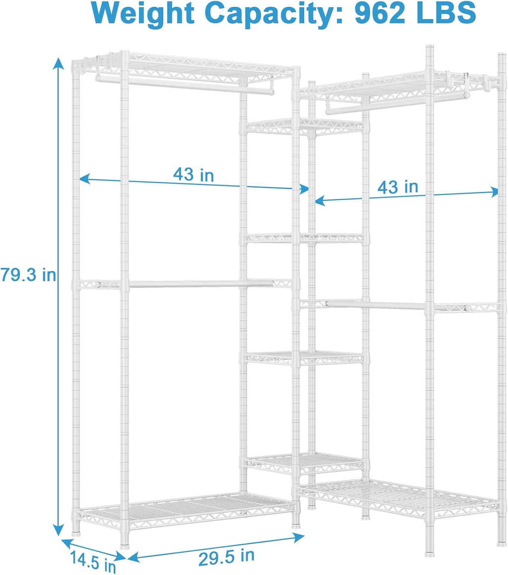 Ulif E4 Clothes Rack, Heavy-Duty Garment Rack, Metal Freestanding Clothing Organization Storage System Can Be L-shaped with Shelves and Hangers, Max Load 962lbs, 71.6' W x 14.5' D x 79.3' H, White