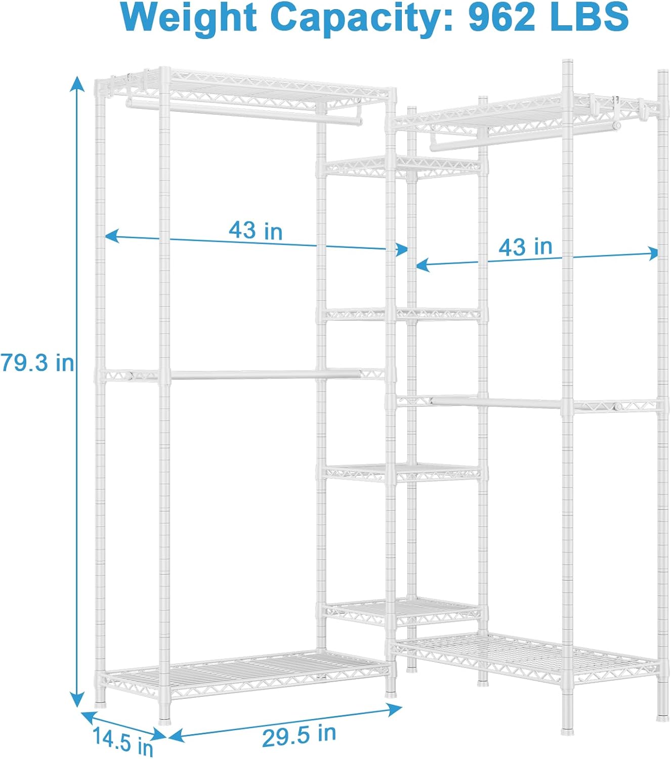Ulif E4 Clothes Rack, Heavy-Duty Garment Rack, Metal Freestanding Clothing Organization Storage System Can Be L-shaped with Shelves and Hangers, Max Load 962lbs, 71.6' W x 14.5' D x 79.3' H, White