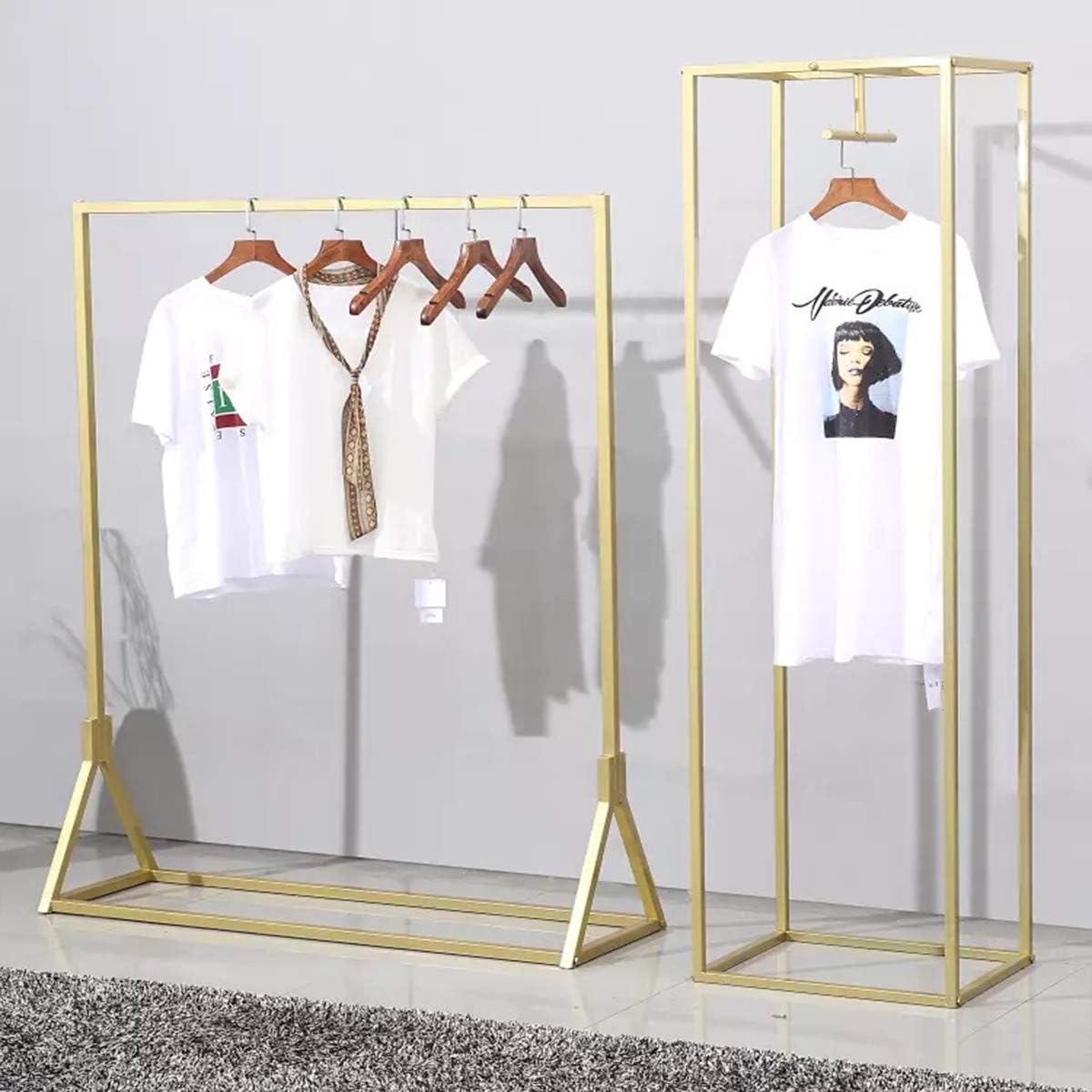 Modern Clothes Retail Heavy Duty Garment Racks,Metal Clothing Store Hanger Storage Shelves,Floor-Standing Display Rack (Gold Square Tube, 71' H)