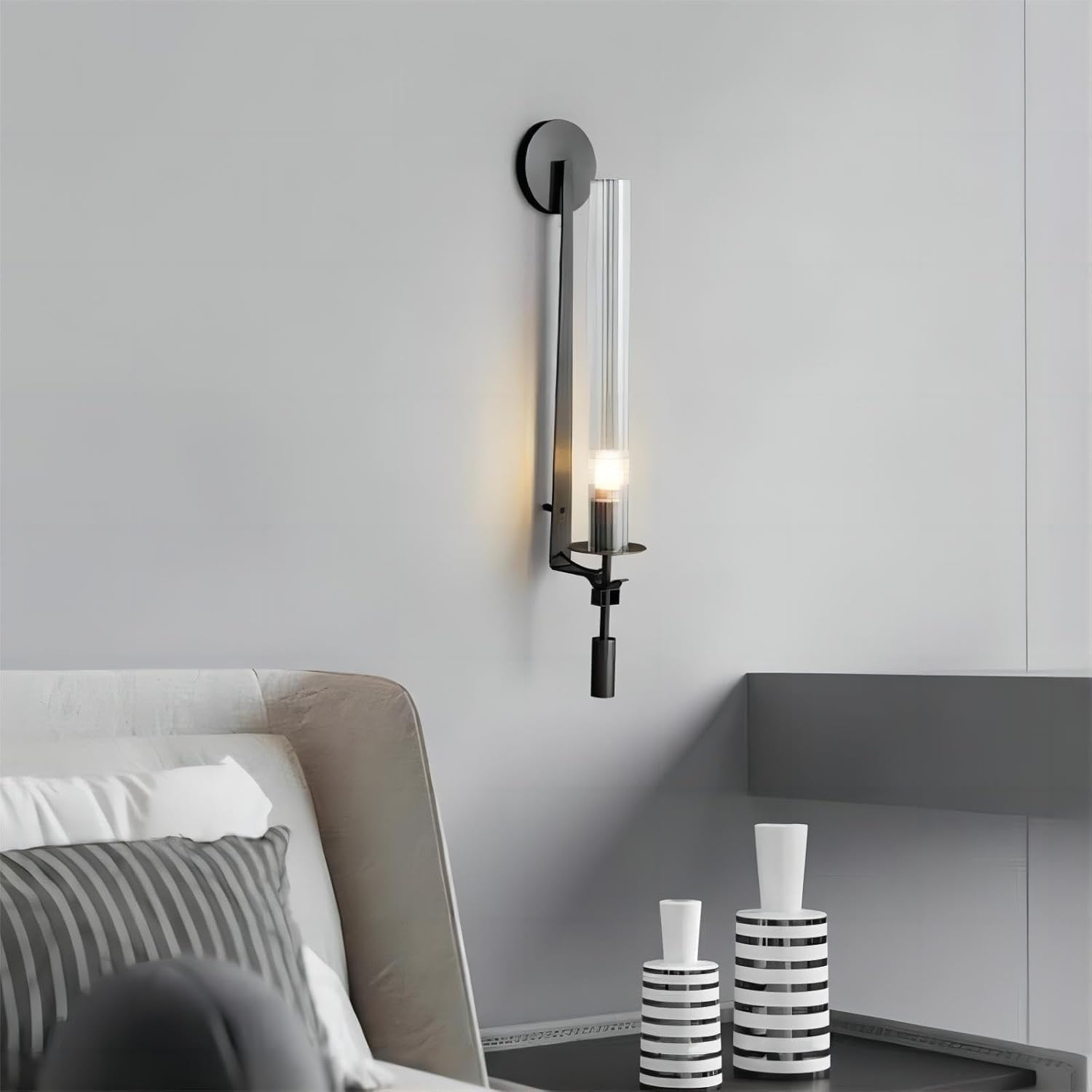 LIGHTLAND Black Wall Sconces Set of 2, 28 Inch Modern Metal Glass Wall Light Fixture, Wall Lamp for Living Room Bedroom Hallway