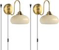 KCO Lighting Small Yellow Glass Wall Sconces Plug in Goose Neck Wall Light Vintage Brass Gold Wall Sconces Set of Two Mid Century Wall Lighting for Bathroom Stairway