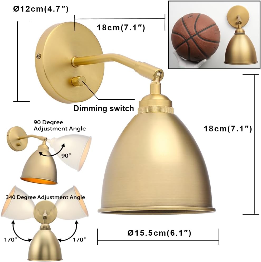 Yosoan Gold Wall Sconce Set of 2, Modern Brass Indoor Light Lights Lighting Fixtures with Metal Shade, Home Decor Wall Mount Swing Arm Lamp for Bedroom Bedside Kitchen Hallway Living