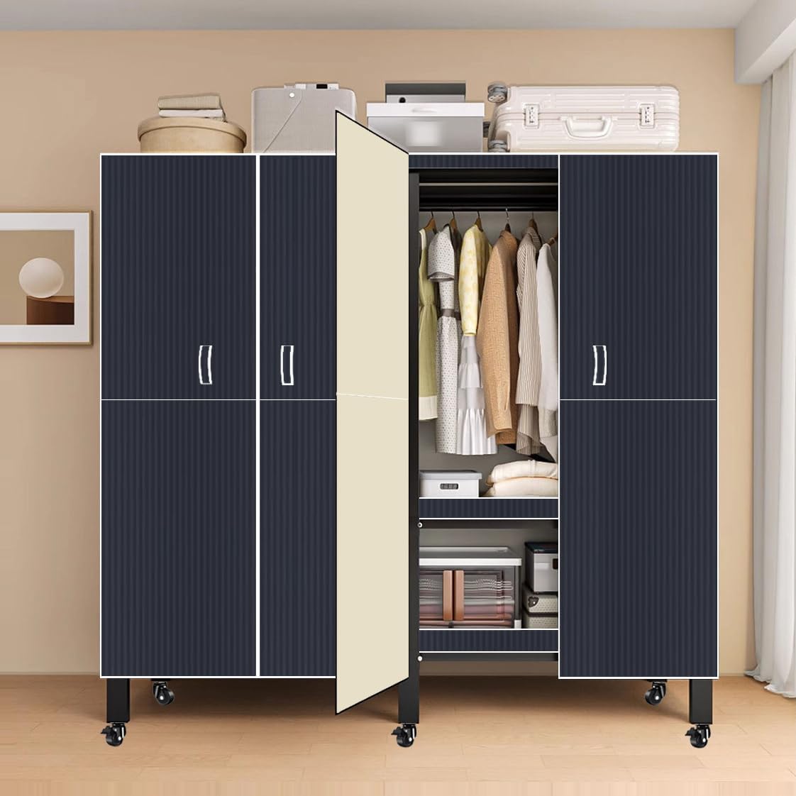 49IN Foldable Portable Armoire Wardrobe Closet for Hanging Clothes Rack, Heavy Duty Covered Clothes Rack with Cover(HARDBOARD Magnetic), Square Tube Black Metal Closet Garment Rack for Bedroom Storage