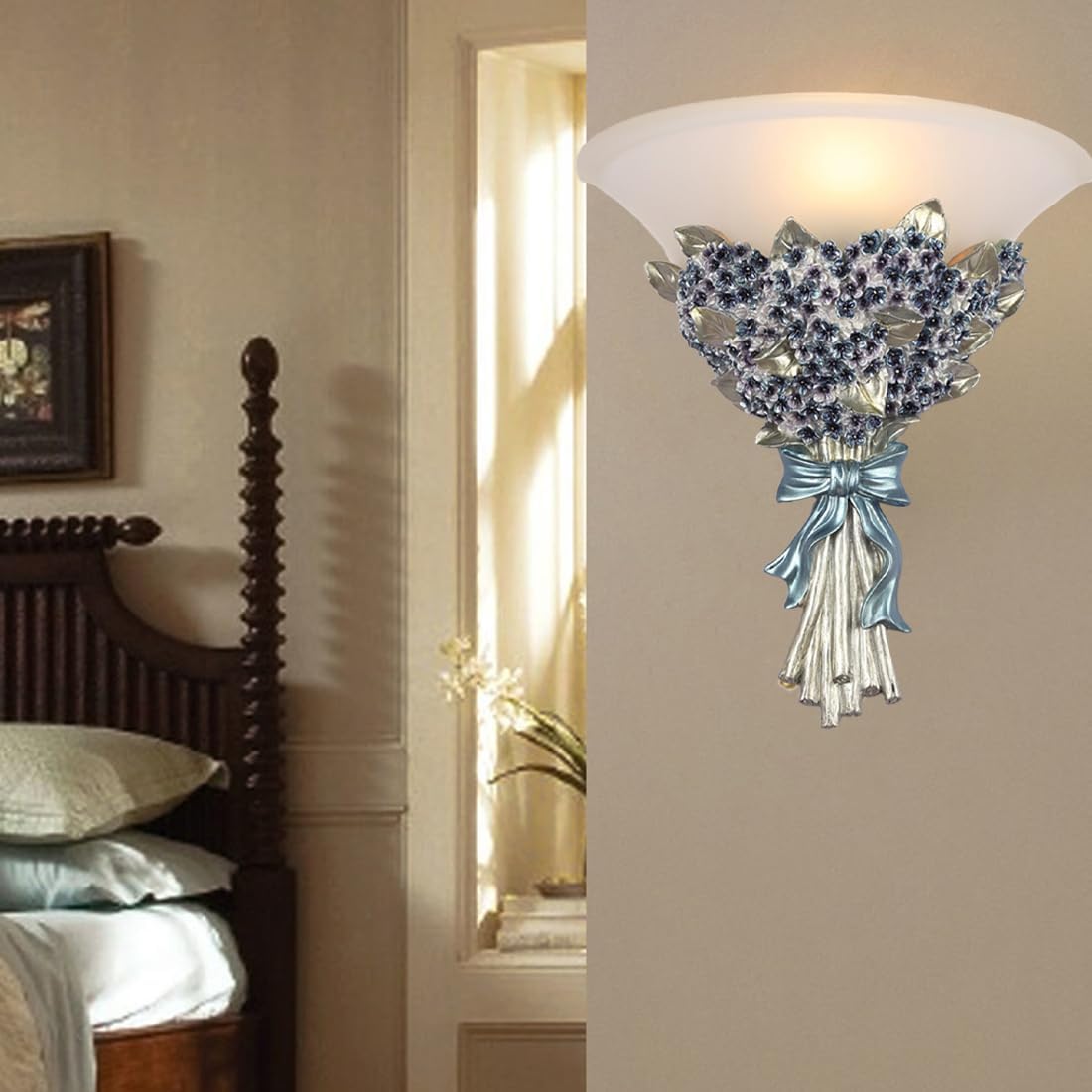 Unique Wall Sconce Flower Light Fixture Vintage Glass Wall Lights Blue Flowers Shape Modern Sconces Lamp Frosted White Glass Shade Gold Resin Sconce Fixtures for Hallway Living Room
