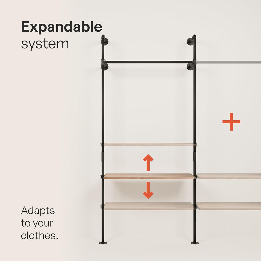 pamo Industrial Pipe Clothing Rack with Shelf – Wall Mounted Closet System, Black Powder-Coated Steel, Oak Boards – Walk-In Closet Organizer & Retail Clothing Rack