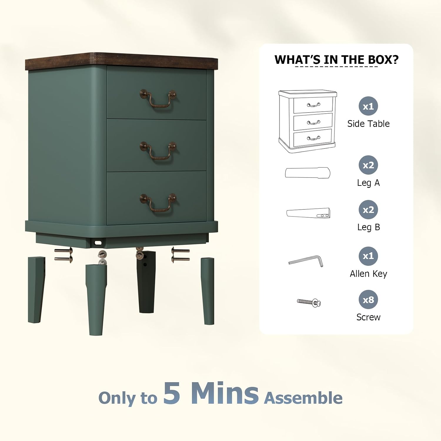Wnutrees Farmhouse Nightstand with 3 Drawers，Modern Bedside Table with Round Curved Corner and Metal Handles, Wood End Side Table for Living Room, Hallway, Green Set of 2