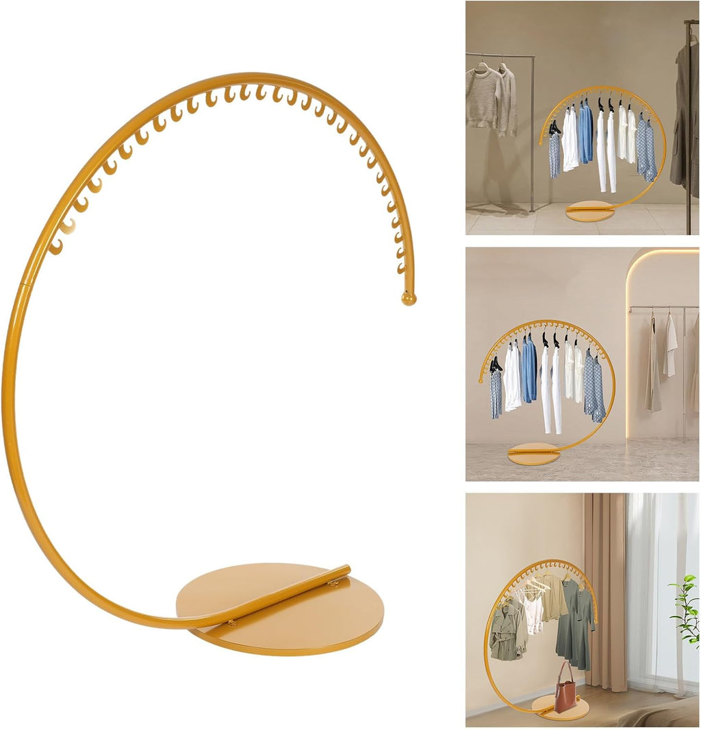 Gold C-Shaped Heavy Duty Clothing Rack, Metal Industrial Pipe Clothing Rack Freestanding Garment Rack with 30 Moon-Shaped Hooks for Boutique, Home, and Retail Display
