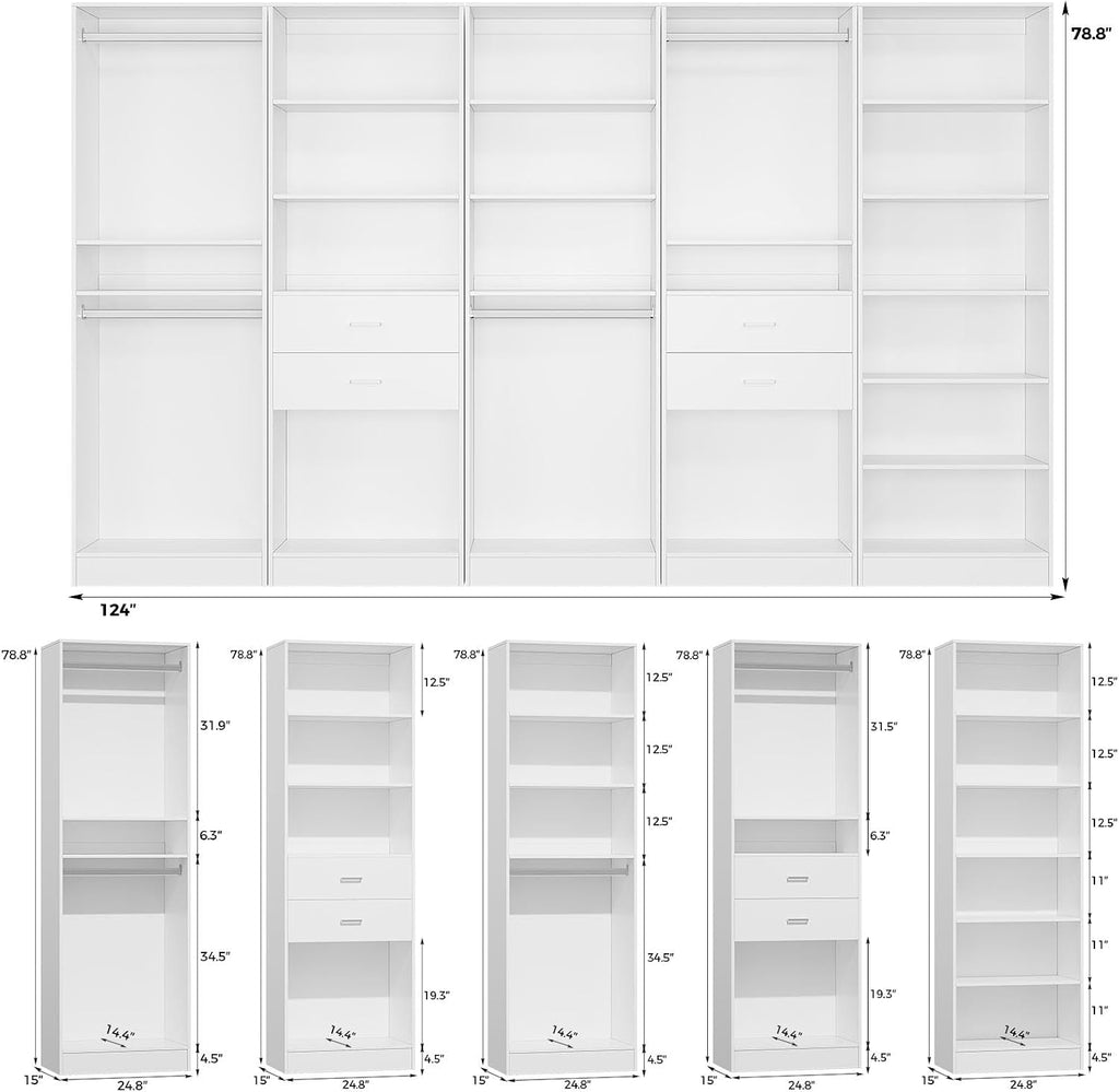 VOWNER 50'' Freestanding Closet System with 10 Adjustable Shelves, Wood Walk-in Closet Organizer System, Clothes Garment Rack, Adjustable Shelving Unit, Small Wardrobe Closet Bedroom Entryway