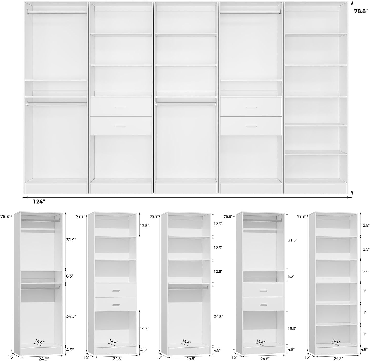 VOWNER 50'' Freestanding Closet System with 10 Adjustable Shelves, Wood Walk-in Closet Organizer System, Clothes Garment Rack, Adjustable Shelving Unit, Small Wardrobe Closet Bedroom Entryway