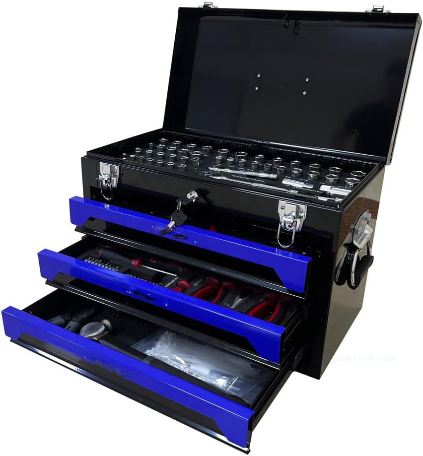 3 Box Set,Metal Toolbox Portable Tool Chest Organizer with Ball-Bearing Drawer Slides for Garage Workshop Maintenance Repair Projects, Black+Blue